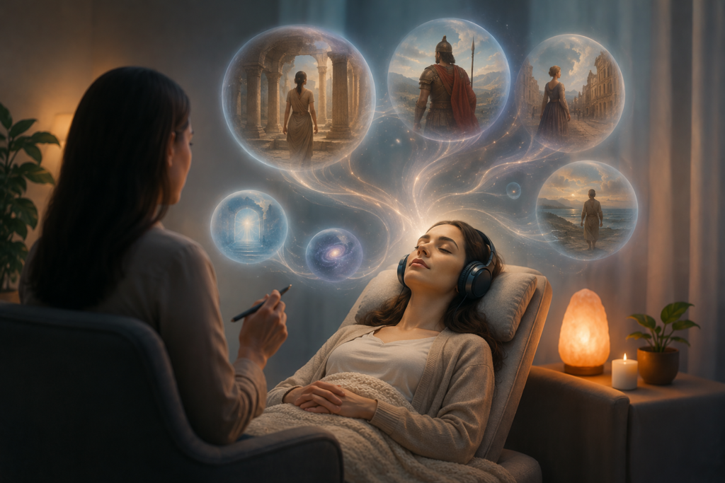 Guided Past Life Regression Therapy session promoting emotional healing, subconscious exploration, self-awareness, and personal growth in a calm therapeutic setting.
