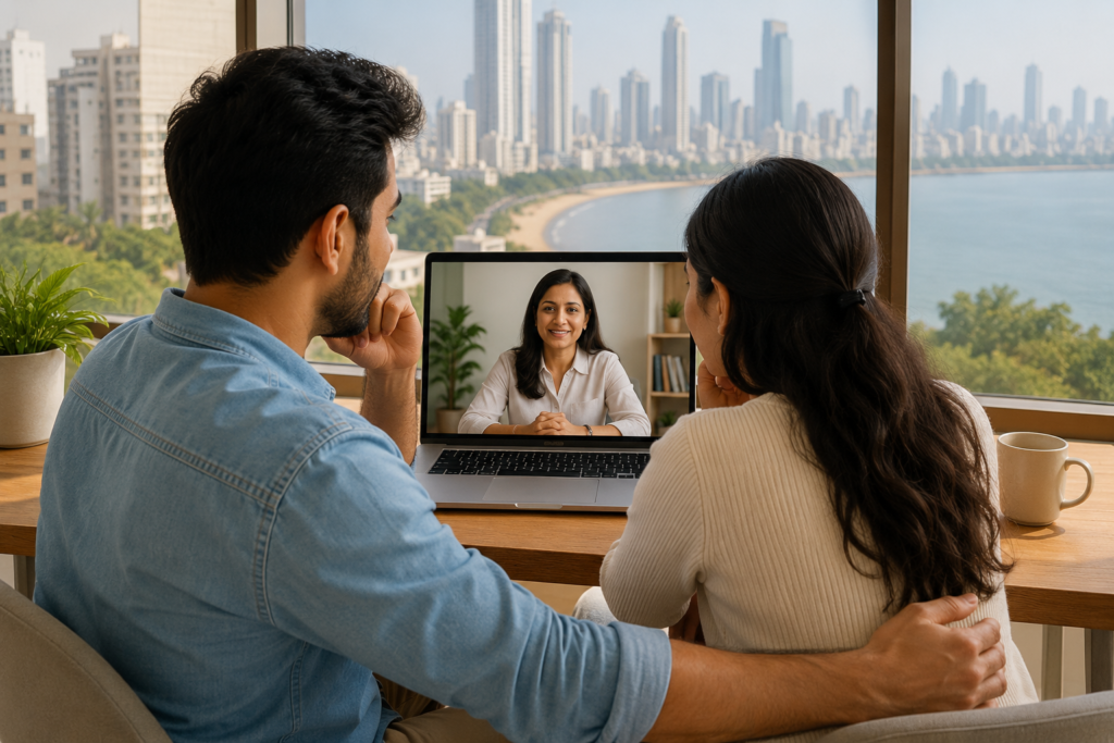 Couple attending a professional online marriage counselling session with an experienced relationship counsellor.